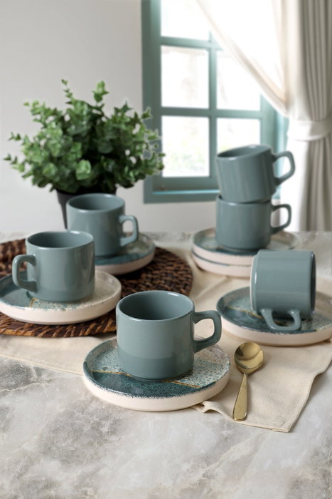 Hermia Juego de tazas de té y platillos de gres cerámico, 12 piezas Hermia Juego de tazas de té y platillos de gres cerámico, 12 piezas